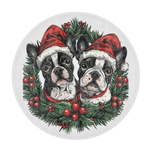 Christmas Boston Terrier Dogs Holiday Wreath Cutting Board (Front)