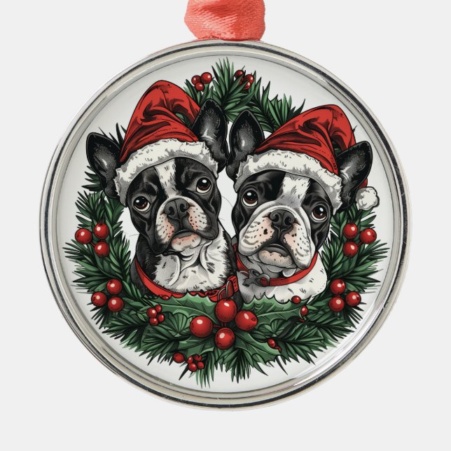Christmas Boston Terrier Dogs Holiday Wreath Metal Ornament (Front)
