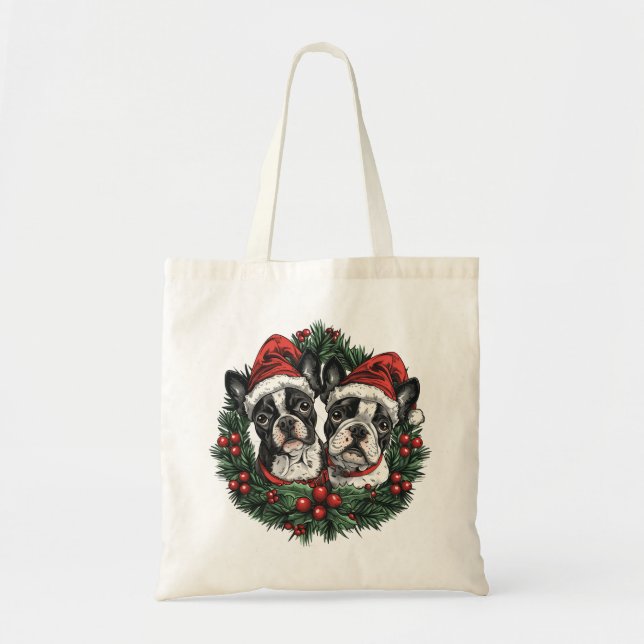 Christmas Boston Terrier Dogs Holiday Wreath Tote Bag (Front)