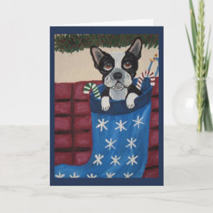 Christmas Boston Terrier in a Stocking Card