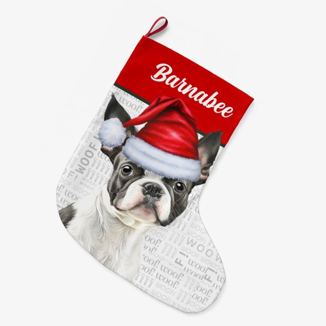 Christmas Boston Terrier Name Woof Background Large Christmas Stocking (Front (Hanging))