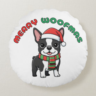 Christmas Boston Terrier Pillow: Merry Woofmas Round Cushion