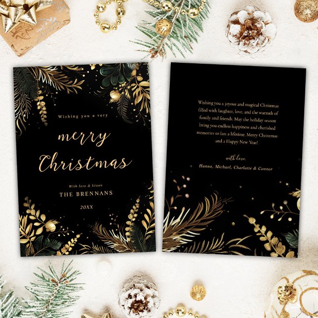 Christmas Botanical Black Gold Modern Elegant Holiday Card (Christmas Botanical Black Gold Modern Elegant Holiday Card)