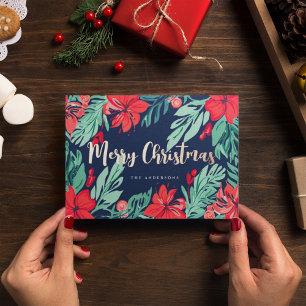 Christmas Botanical Blue Red Elegant Foil Holiday Card