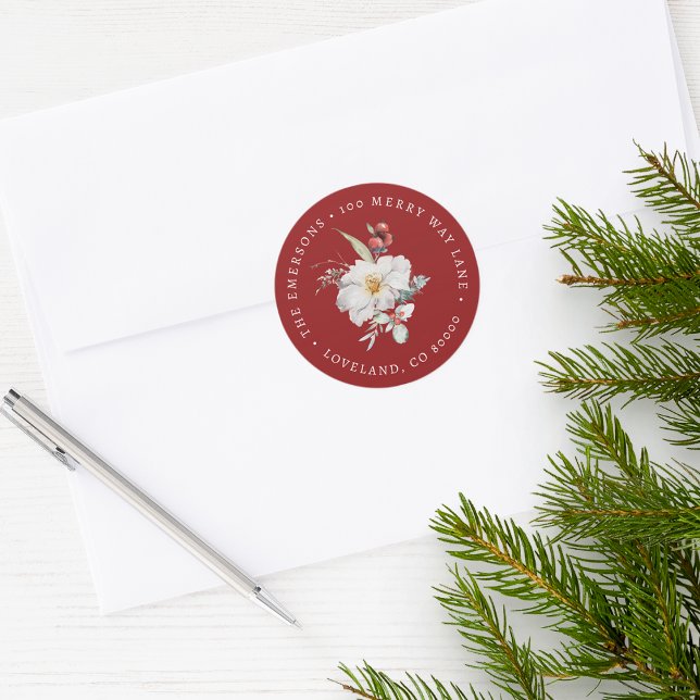 Christmas Botanical Envelope Seal Sticker (Red Holiday Return Address Envelope Seal Merry Christmas Watercolor Floral Botanical Berries)
