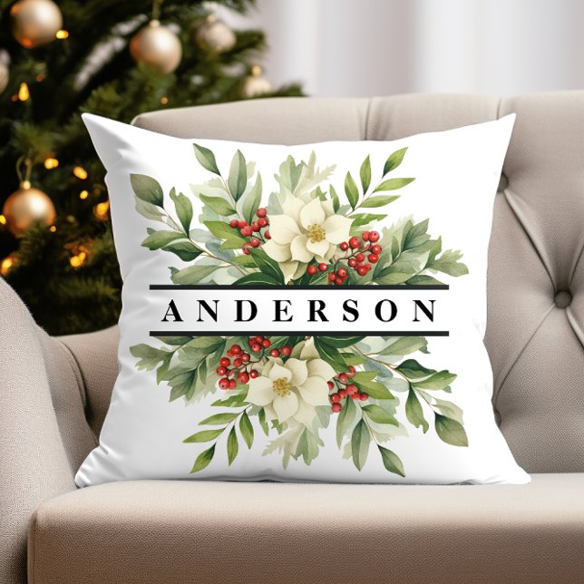 Christmas Botanical Flowers Holiday Season Cushion (personalized christmas throw pillow with winter floral design for traditional holiday decor)
