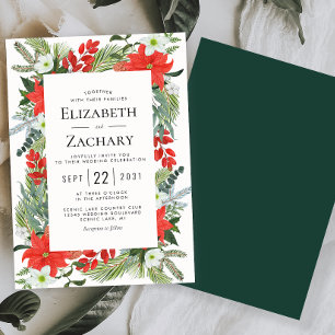 Christmas Botanical Green Red Winter Wedding Invitation