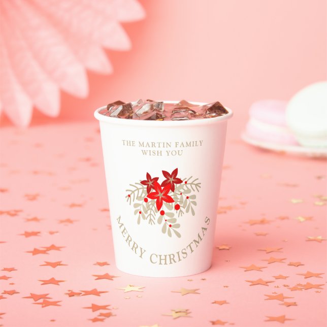 Christmas Botanical Holly Branches and Poinsettias Paper Cups (Insitu)