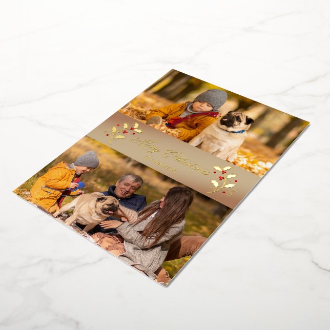 Christmas Botanical Holly Branches Themed Photo Foil Holiday Card (Rotated)