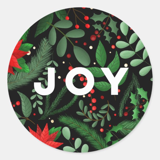 Christmas Botanical Joy (on Black) Holiday Classic Round Sticker (Front)