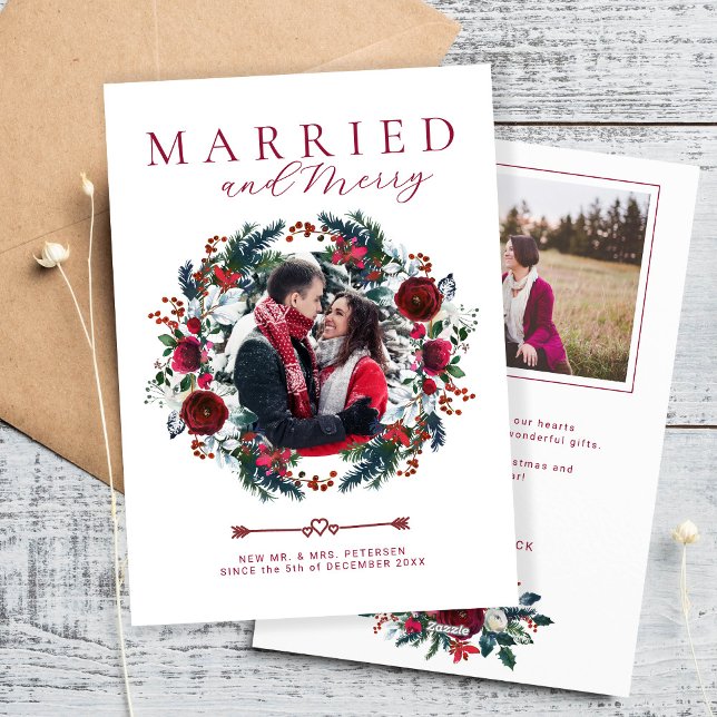 Christmas botanical Married and Merry photo Holiday Card (Creator Uploaded)