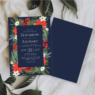Christmas Botanical Navy Blue Winter Wedding Invitation