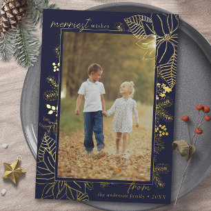 Christmas Botanical   Photo Navy Blue and Gold Foil Holiday Card