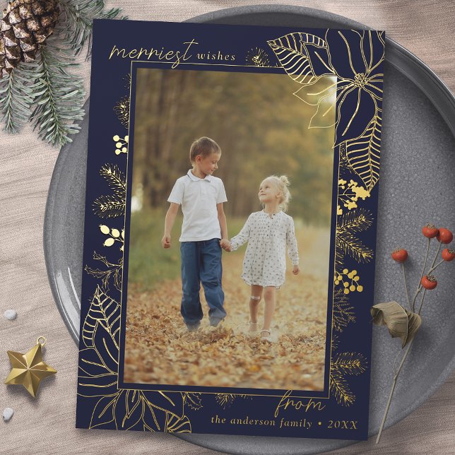 Christmas Botanical | Photo Navy Blue and Gold Foil Holiday Card (Creator Uploaded)