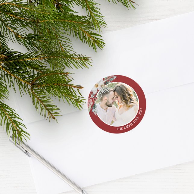 Christmas Botanical Photo Sticker (Red Holiday Envelope Seal Merry Christmas Watercolor Floral Botanical Berries with Photo)
