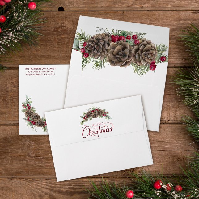Christmas Botanical Pine Cones Berries Watercolor Envelope (Creator Uploaded)