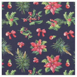 Christmas Botanical Poinsettia Red Green Cotton Fabric