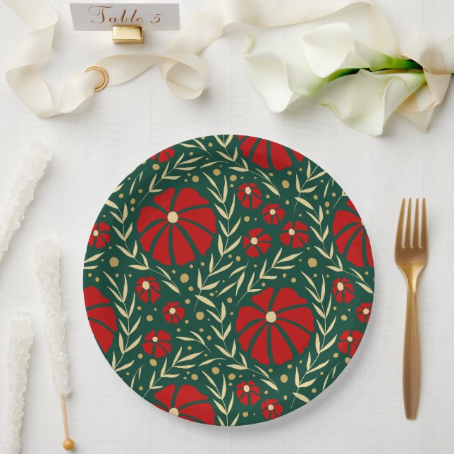 Christmas Botanical Red and Green Florals Paper Plate (Wedding)