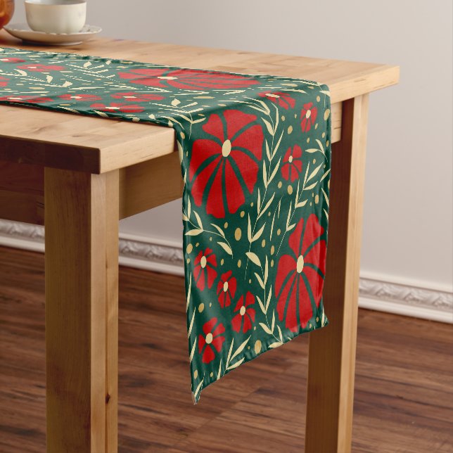 Christmas Botanical Red and Green Florals Short Table Runner (In Situ)