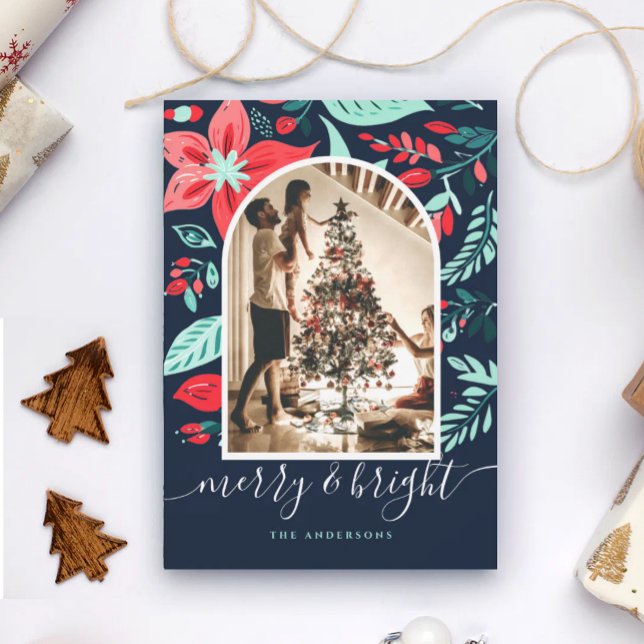 Christmas  Botanical Red Floral Blue Arch Photo Holiday Card (Creator Uploaded)