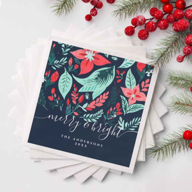 Christmas Botanical Red Floral Blue Holiday Party Napkin (Creator Uploaded)