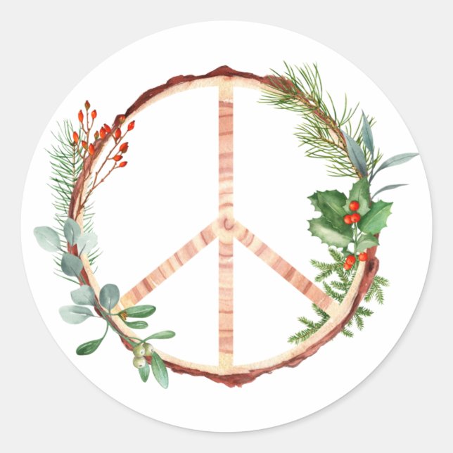 Christmas Botanical Wooden Peace Sign  Classic Round Sticker (Front)