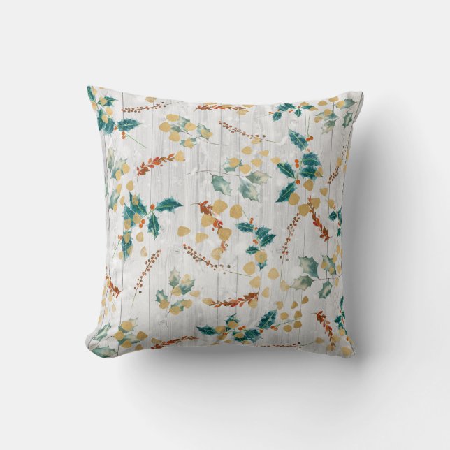 Christmas Botanical Wooden Planks Cushion (Front)