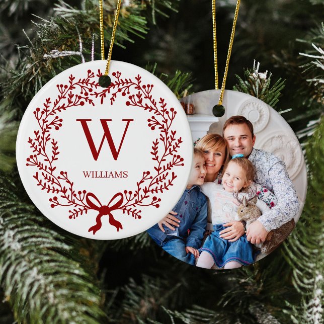 Christmas Botanical Wreath Monogram Photo Ceramic Ornament (Creator Uploaded)