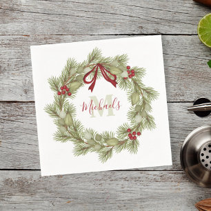Christmas Botanical Wreath Red Holly Monogram Napkin