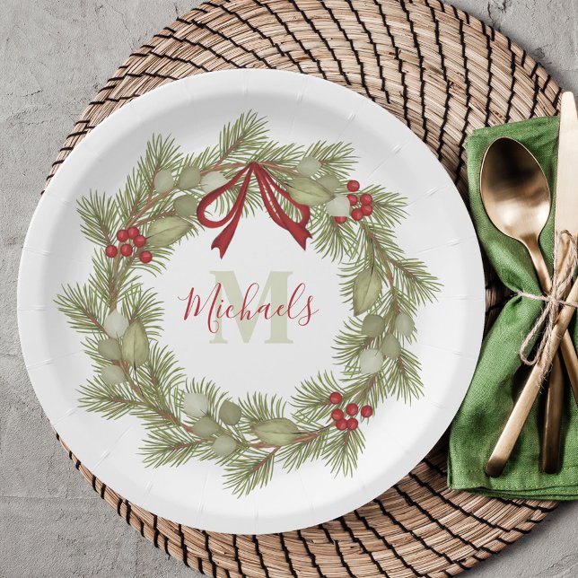 Christmas Botanical Wreath Red Holly Monogram Paper Plate (Simple Wreath design holiday paper plate with an elegant calligraphy monogram and name.)