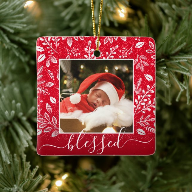 Christmas Botanicals Blessed Red Ceramic Ornament (Tree)
