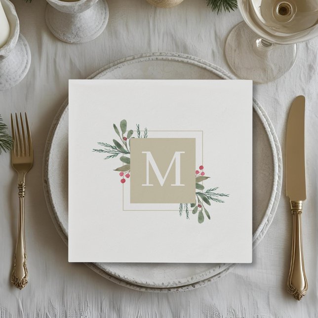 Christmas Botanicals Family Initial Holiday Party Napkin (Creator Uploaded)