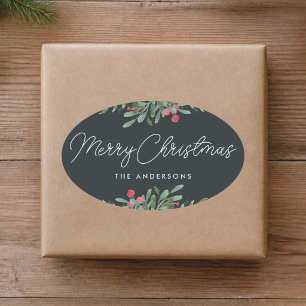 Christmas Botanicals Holiday Gift Oval Sticker