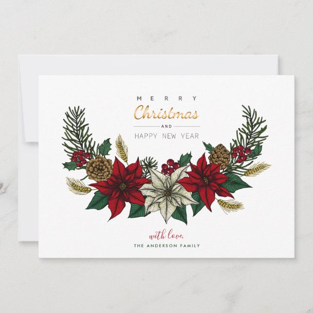 Christmas Bough with Poinsettias and YOUR PHOTO Holiday Card (Front)