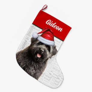 Christmas Bouvier Dog with Name Woof Background Large Christmas Stocking