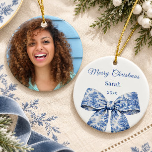 Christmas bow blue white french toile photo ceramic ornament