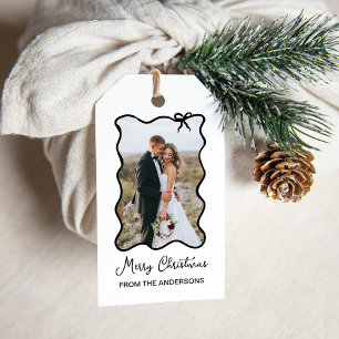 Christmas Bow Chic Black and White Photo Frame Gift Tags