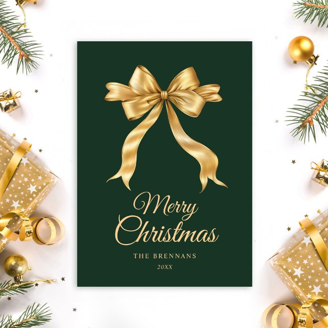 Christmas Bow Elegant Minimalist Green Gold Holiday Card (Christmas Bow Elegant Minimalist Green Gold Holiday Card)