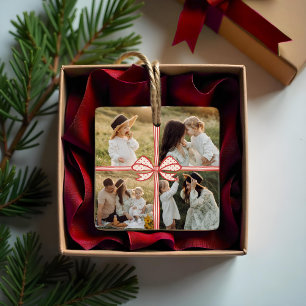Christmas Bow Present Four Photo Collage Keepsake Ceramic Ornament