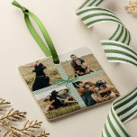 Christmas Bow Present Photo Collage Keepsake  Ceramic Ornament<br><div class="desc">Celebrate your most cherished memories with timeless elegance. Our green and white stripe ribbon & bow ornament features a sleek, minimal design that pairs perfectly with any holiday décor. Crafted with a classic green and white stripe ribbon, this keepsake ornament showcases eight personal photos — four on the front and...</div>