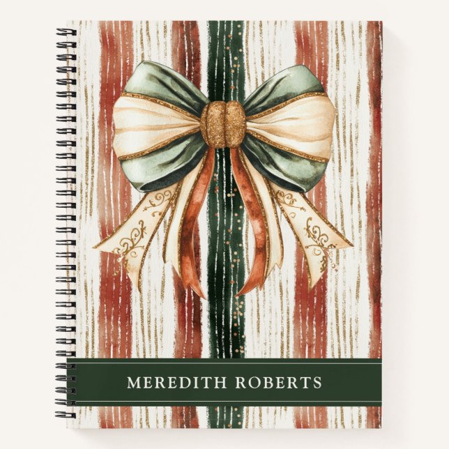 Christmas Bow Rustic Stripes Personalised Notebook (Front)