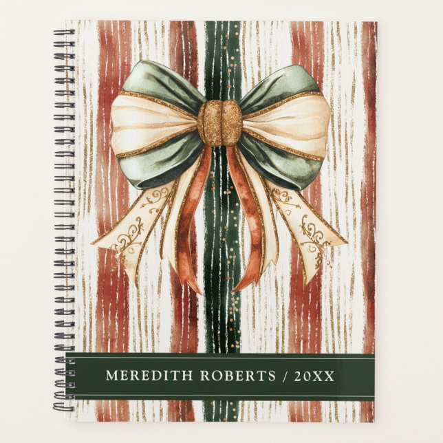 Christmas Bow Rustic Stripes Personalised Planner (Front)