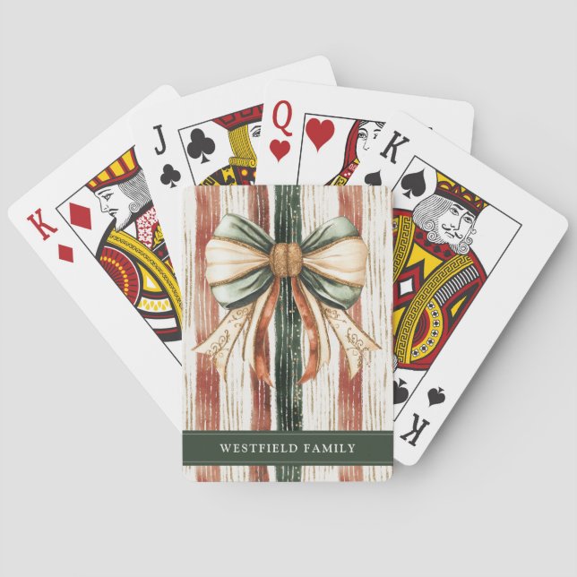 Christmas Bow Rustic Stripes Personalised Playing Cards (Back)