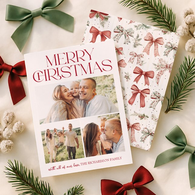 Christmas Bow Three Photo Holiday Card (Creator Uploaded)