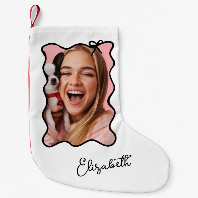 Christmas Bow | Wavy Black and White Photo Frame Small Christmas Stocking (Front)