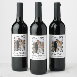 Christmas Bow   Wavy Black and White Photo Wine Label