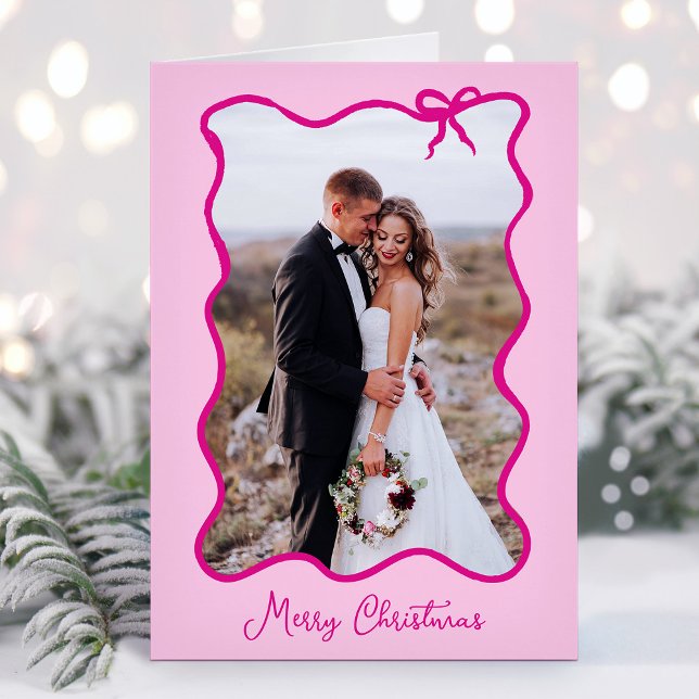 Christmas Bow | Wavy Pink Photo Frame Holiday Card (Creator Uploaded)