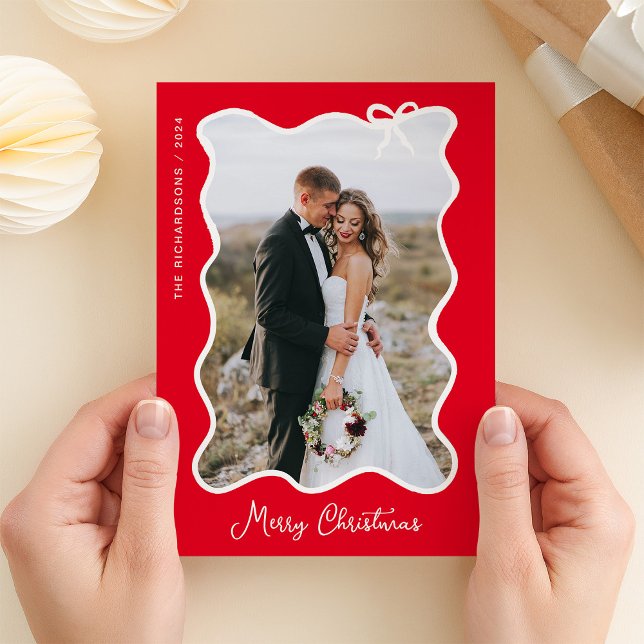 Christmas Bow | Wavy Red and White Photo Frame Holiday Card (Creator Uploaded)