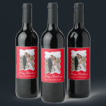 Christmas Bow | Wavy Red and White Photo Wine Label<br><div class="desc">These adorable holiday wine labels feature your favourite photo in a trendy,  white wavy frame with a whimsical bow,  on a festive red background. Modern script says "Merry Christmas."</div>