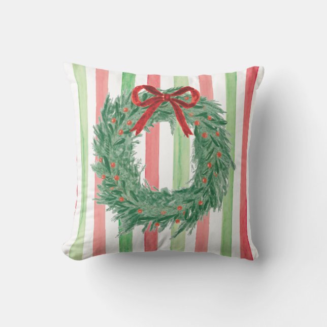 Christmas Bow Wreath Watercolor Throw Pillow (Front)